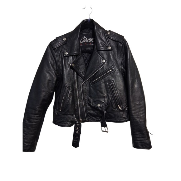 Y2k Vintage Chrome Womens size 8 Leather Moto Riding Fonzy Zip Rock Jacket Goth - Picture 3 of 16
